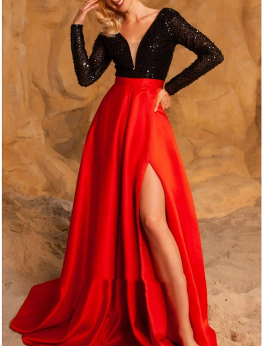 A-Line Evening Gown High Split Dress Formal Wedding Guest Sweep / Brush Train Long Sleeve V Neck Satin with Pleats Slit 2026