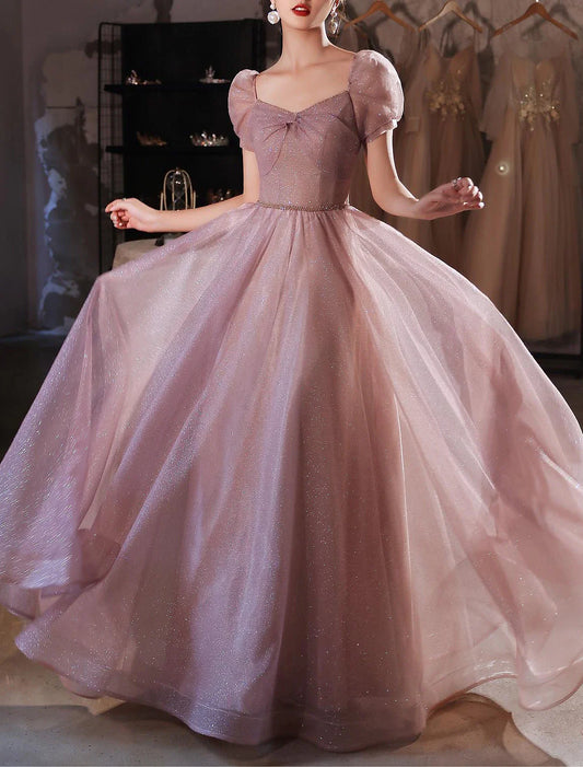 A-Line Beautiful Back Elegant Prom Formal Evening Birthday Dress Sweetheart Neckline Short Sleeve Floor Length Lace with Beading 2026 / Puff Balloon Sleeve