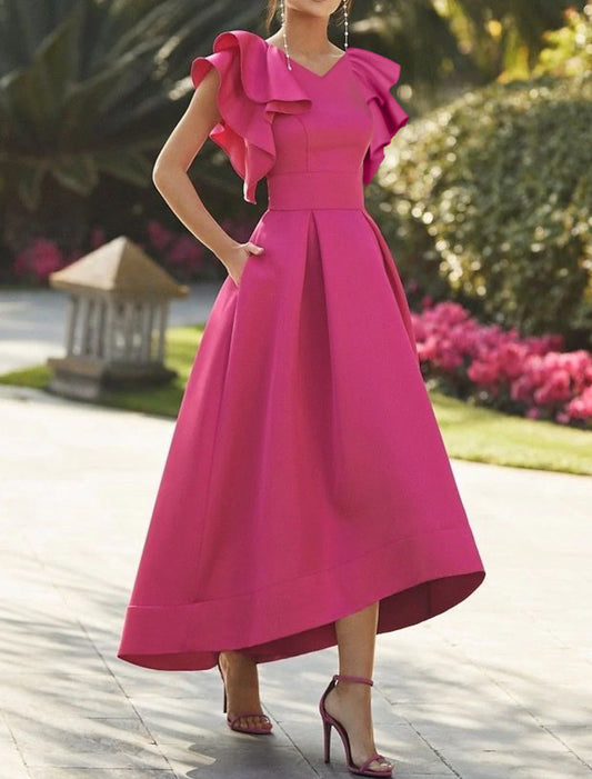 A-Line Cocktail Party Dress Elegant Dress Semi Formal Asymmetrical Sleeveless V Neck Fall Wedding Guest Fabric with Ruffles