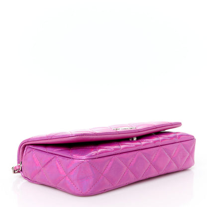 Iridescent Mirror Goatskin Quilted Clutch With Chain Pink