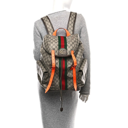 GG Supreme Monogram Medium Ophidia Double Buckle Backpack Beige Ebony Neon Orange