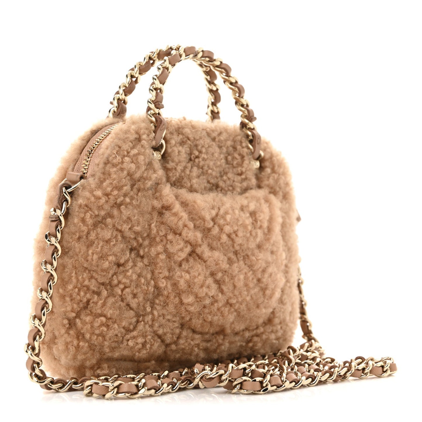 Shearling Quilted Shiny Coco Clutch With Chain Dark Beige