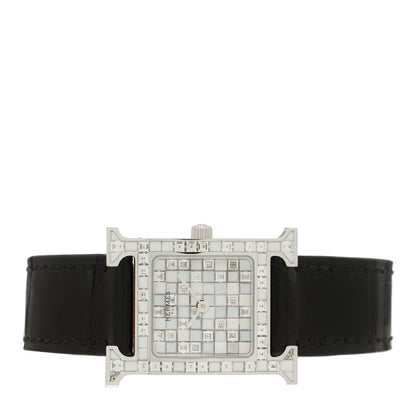 18K White Gold Alligator Diamond 21mm Heure H Hour Mosaique Joailliere Quartz Watch Noir