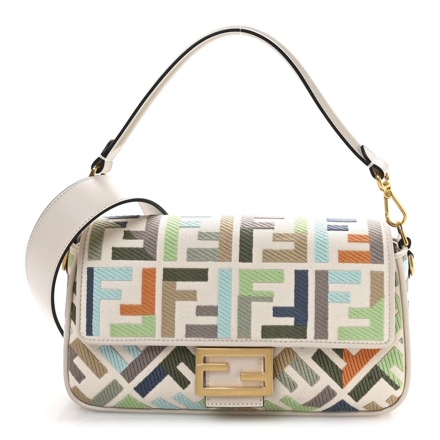 Canvas Vitello Seta FF Multicolor Embroidered Baguette Grezzo Multicolor Latte