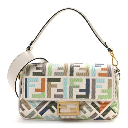 Canvas Vitello Seta FF Multicolor Embroidered Baguette Grezzo Multicolor Latte