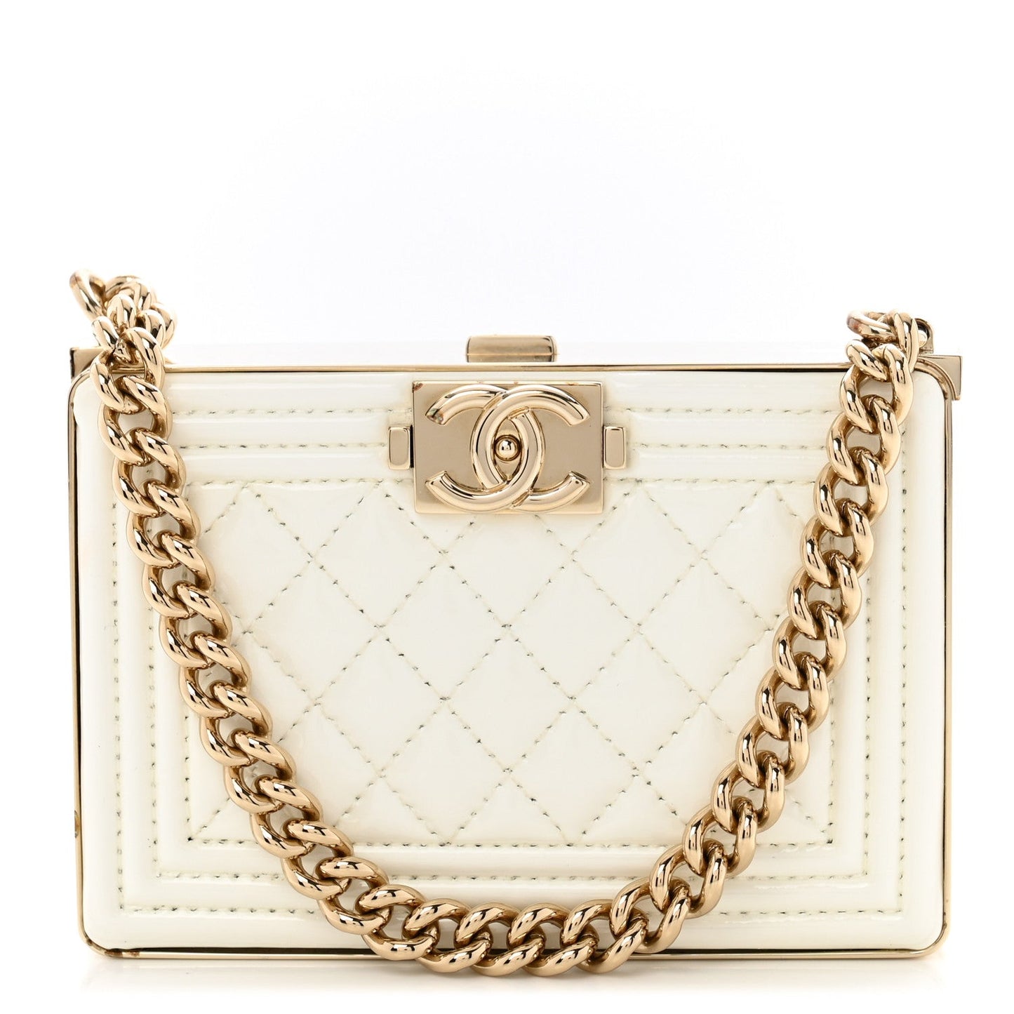 Patent Calfskin Boy Minaudiere White