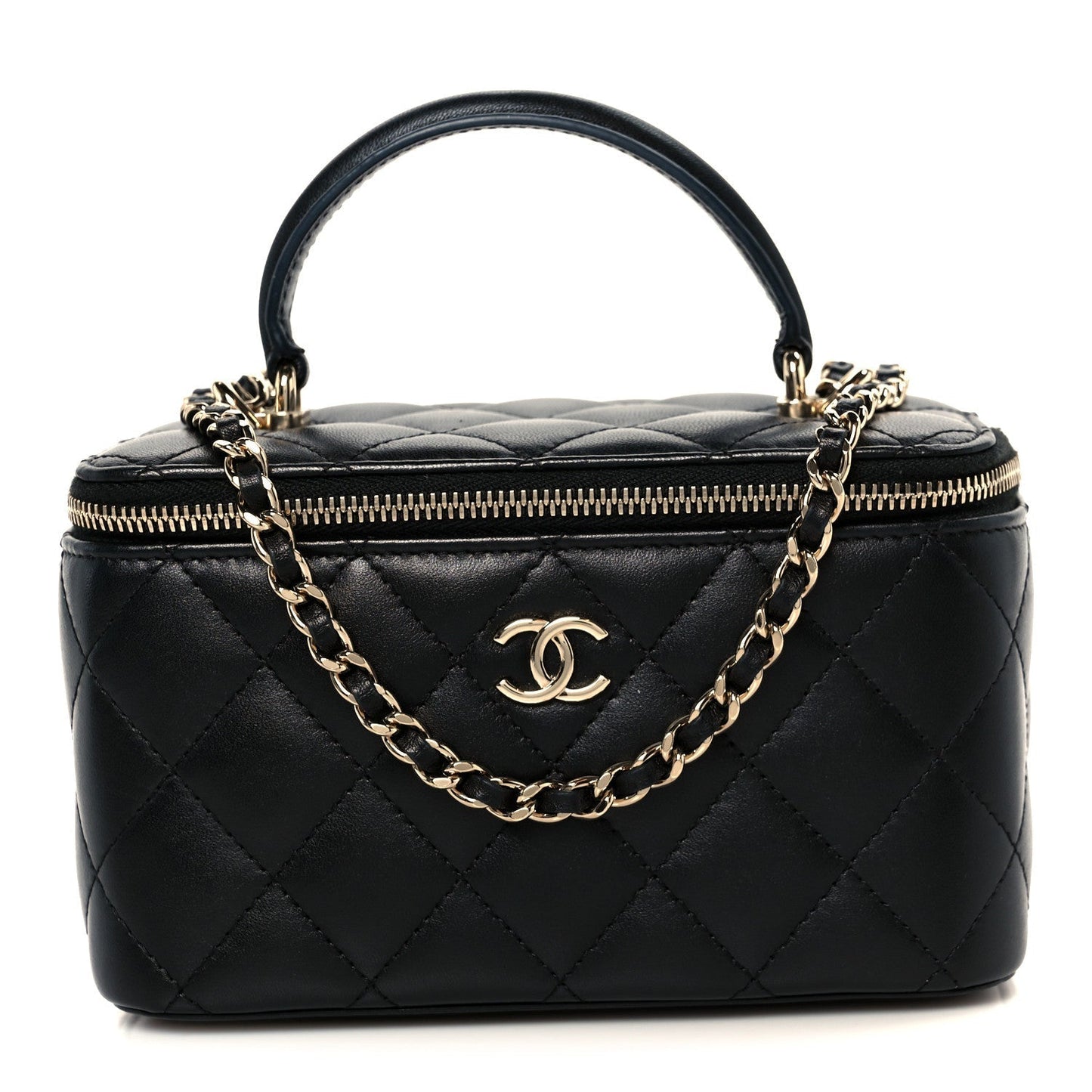 Lambskin Quilted Small Top Handle Vanity Case With Chain Black