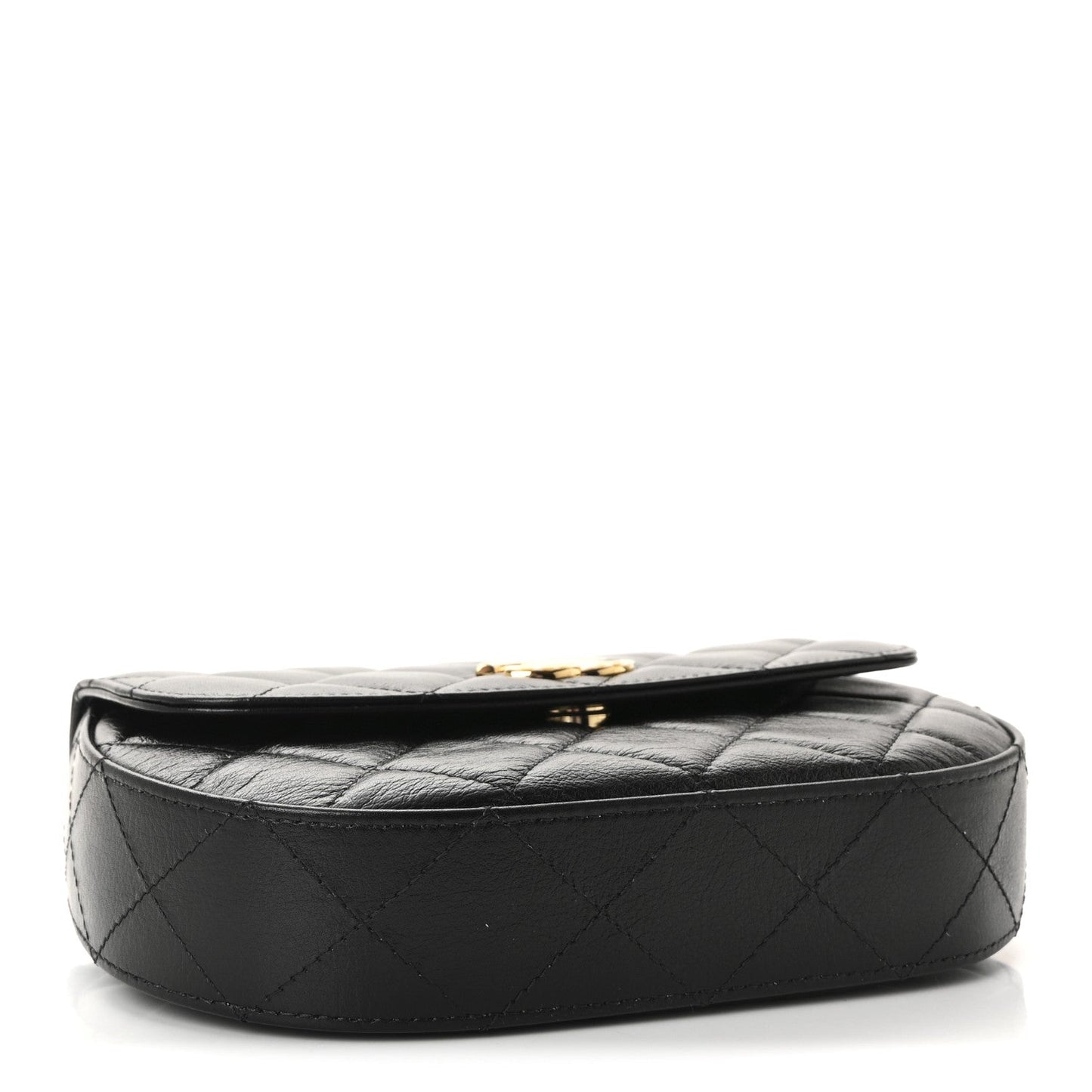 Shiny Aged Calfskin Quilted Flap Phone Holder With Chain Black