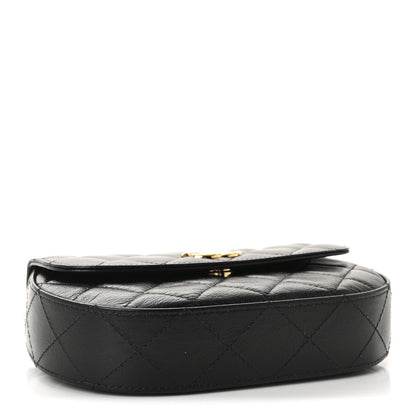 Shiny Aged Calfskin Quilted Flap Phone Holder With Chain Black