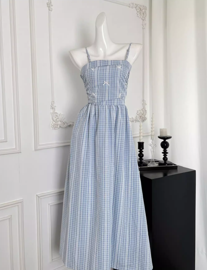 Blue plaid lace slim high-end detachable suspender tube top long dress R0298