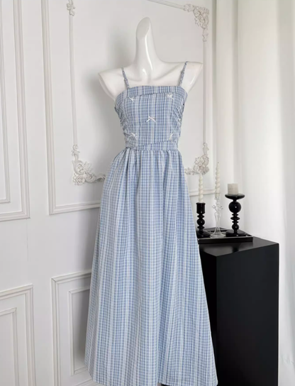 Blue plaid lace slim high-end detachable suspender tube top long dress R0298