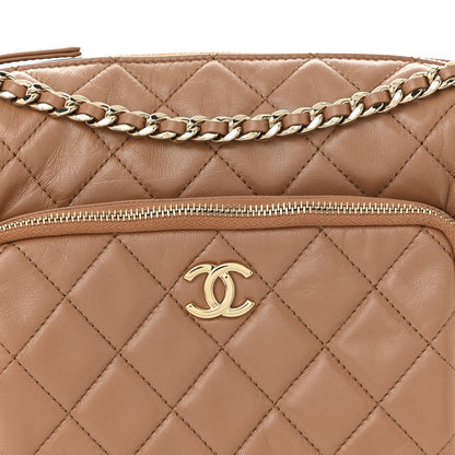 Shiny Crumpled Lambskin Quilted Medium Preppy Pocket Camera Case Brown