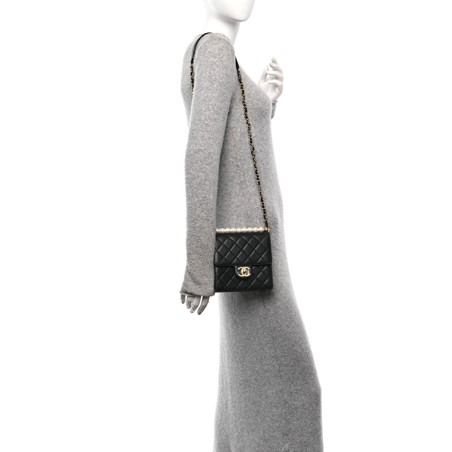 Lambskin Quilted Chic Pearls Flap Black