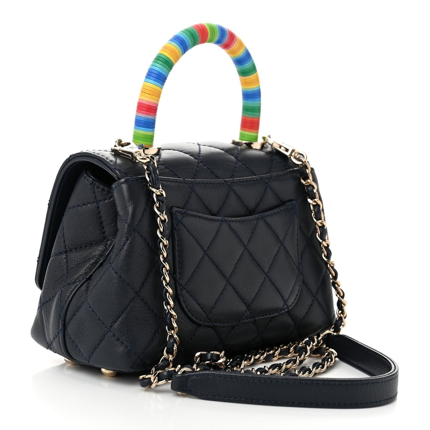 Goatskin Quilted Extra Mini Rainbow Coco Handle Flap Navy Blue