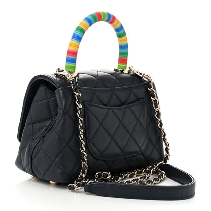 Goatskin Quilted Extra Mini Rainbow Coco Handle Flap Navy Blue