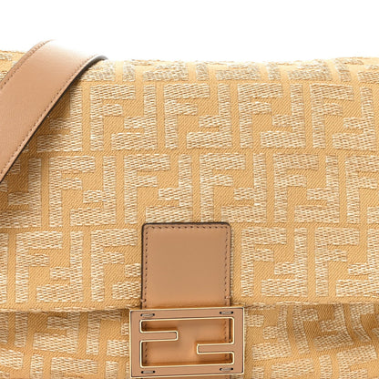 Fabric Jacquard Raffia Straw Fringe Medium Mamma Baguette Beige