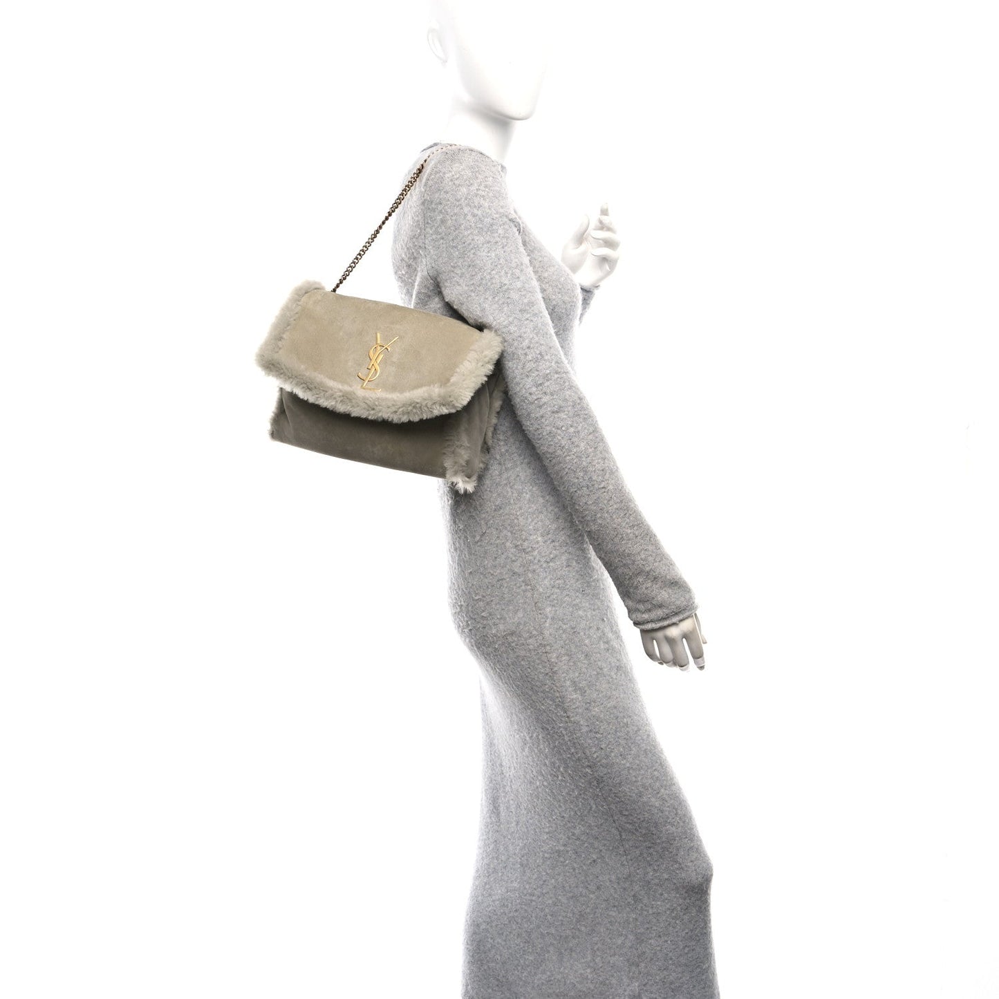 Shearling Calfskin Medium Reversible Monogram Kate Satchel Grey