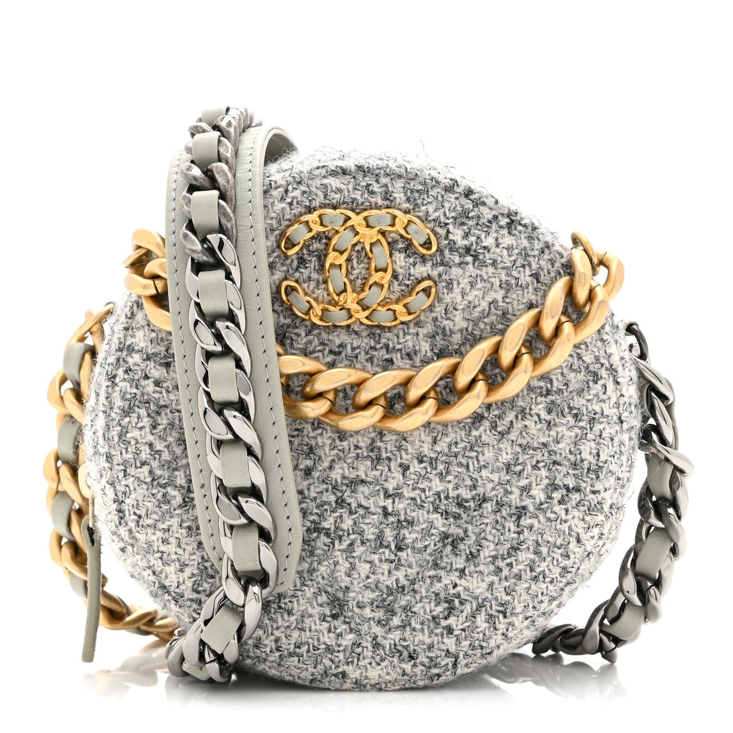 Wool Tweed Lambskin Quilted Chanel 19 Round Clutch With Chain Grey Ecru