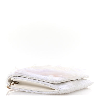 Tweed Embroidered Feathers Pearl Crystal Clutch White
