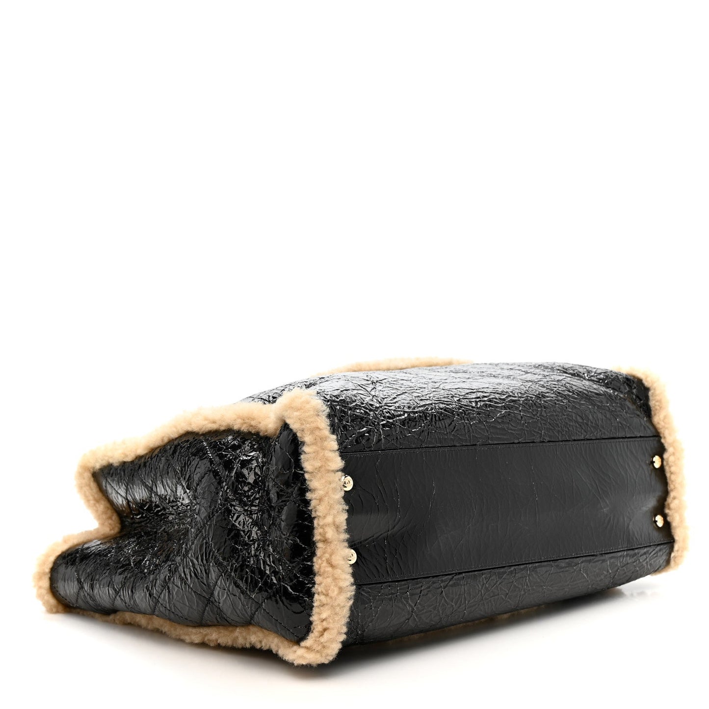 Shiny Crumpled Sheepskin Shearling CC Mania Tote Bag Black Beige