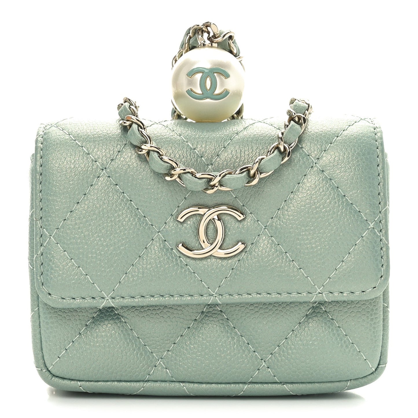 Iridescent Caviar Quilted Pearl On Top Coin Purse With Chain Light Green