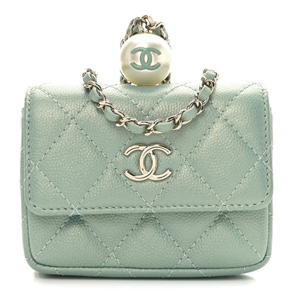 Iridescent Caviar Quilted Pearl On Top Coin Purse With Chain Light Green