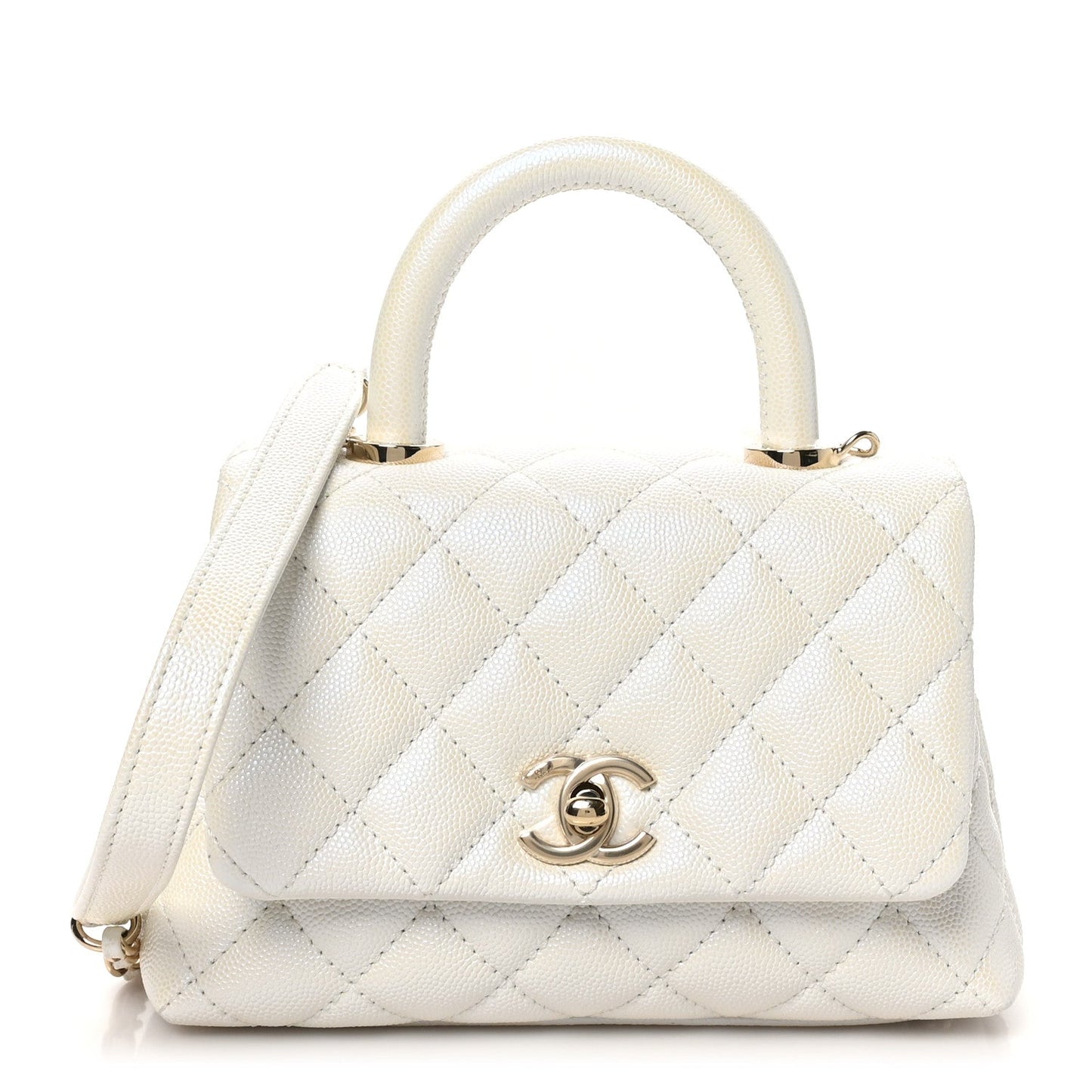 Iridescent Caviar Quilted Extra Mini Coco Handle Flap White