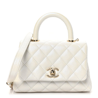Iridescent Caviar Quilted Extra Mini Coco Handle Flap White