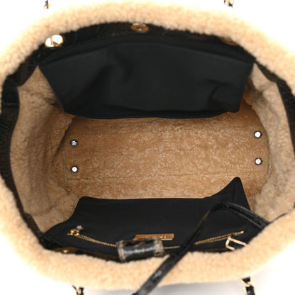 Shiny Crumpled Sheepskin Shearling CC Mania Tote Bag Black Beige