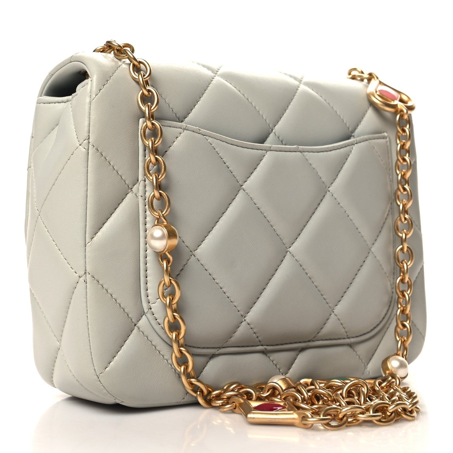 Lambskin Enamel Pearl Quilted Mini Charm Me Square Flap Light Blue