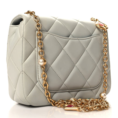 Lambskin Enamel Pearl Quilted Mini Charm Me Square Flap Light Blue