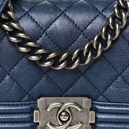 Metallic Calfskin Quilted Mini Boy Flap Blue