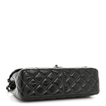 Shiny Crumpled Calfskin Quilted Jumbo Double Flap So Black