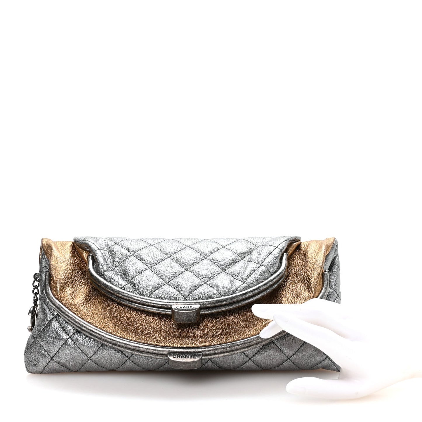 Metallic Goatskin Quilted Frame Clasp Flap Clutch Silver Gold