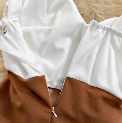Fashionable and sexy tube top suspender skirt contrast color stitching tight irregular hip dress R0348