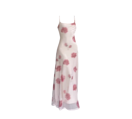 Human peach print elastic mesh suspender dress for women summer slim and tall sexy high-end long skirt R0089