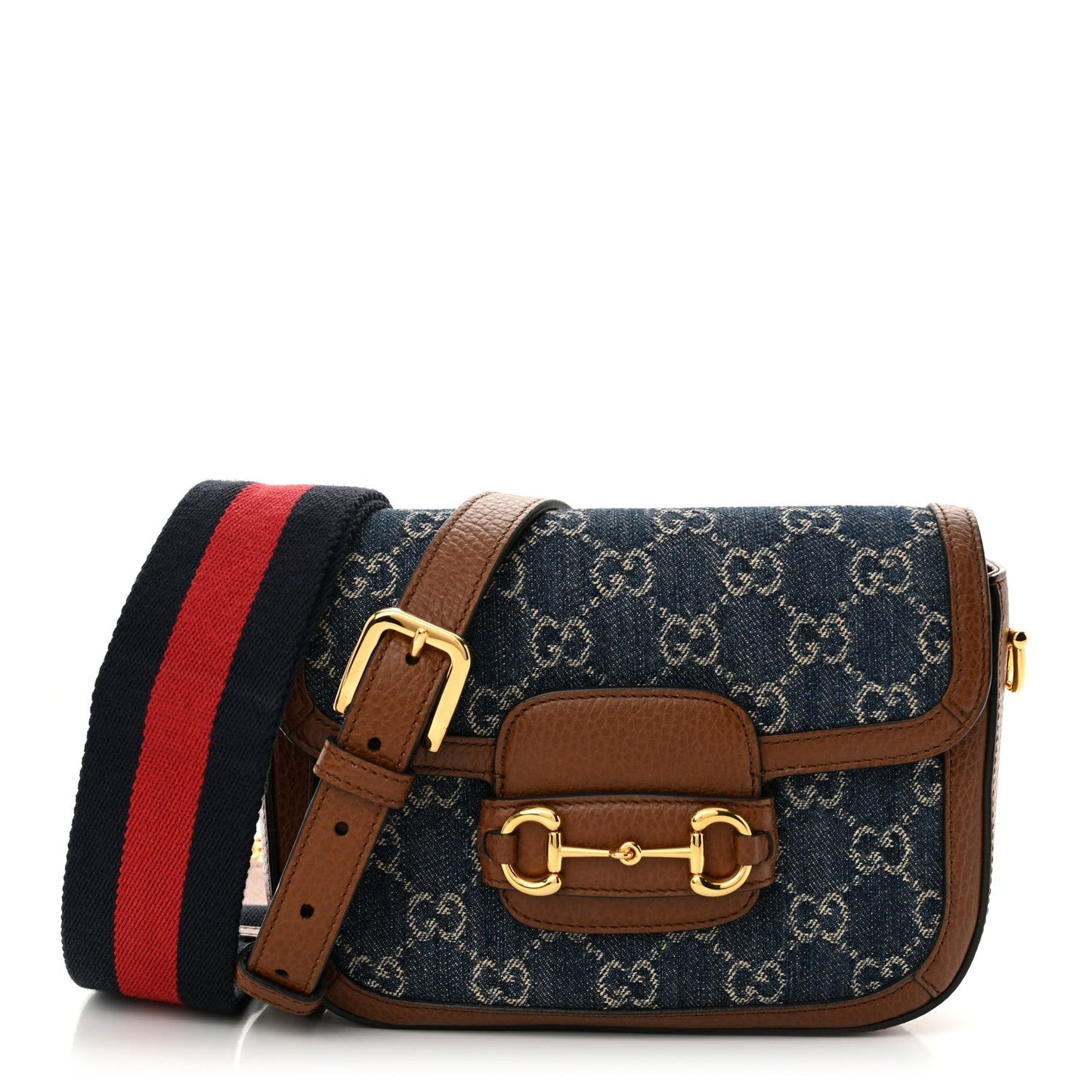 New Denim GG Monogram Dollar Calfskin Web Mini Horsebit 1955 Shoulder Bag Blue Tea Cuir Epilog
