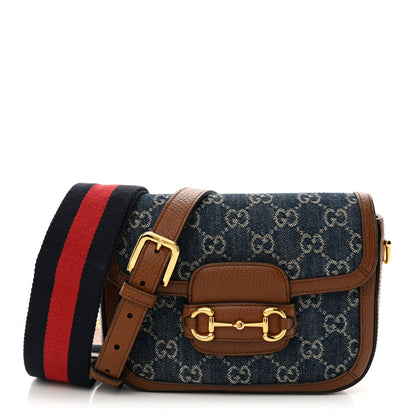 New Denim GG Monogram Dollar Calfskin Web Mini Horsebit 1955 Shoulder Bag Blue Tea Cuir Epilog