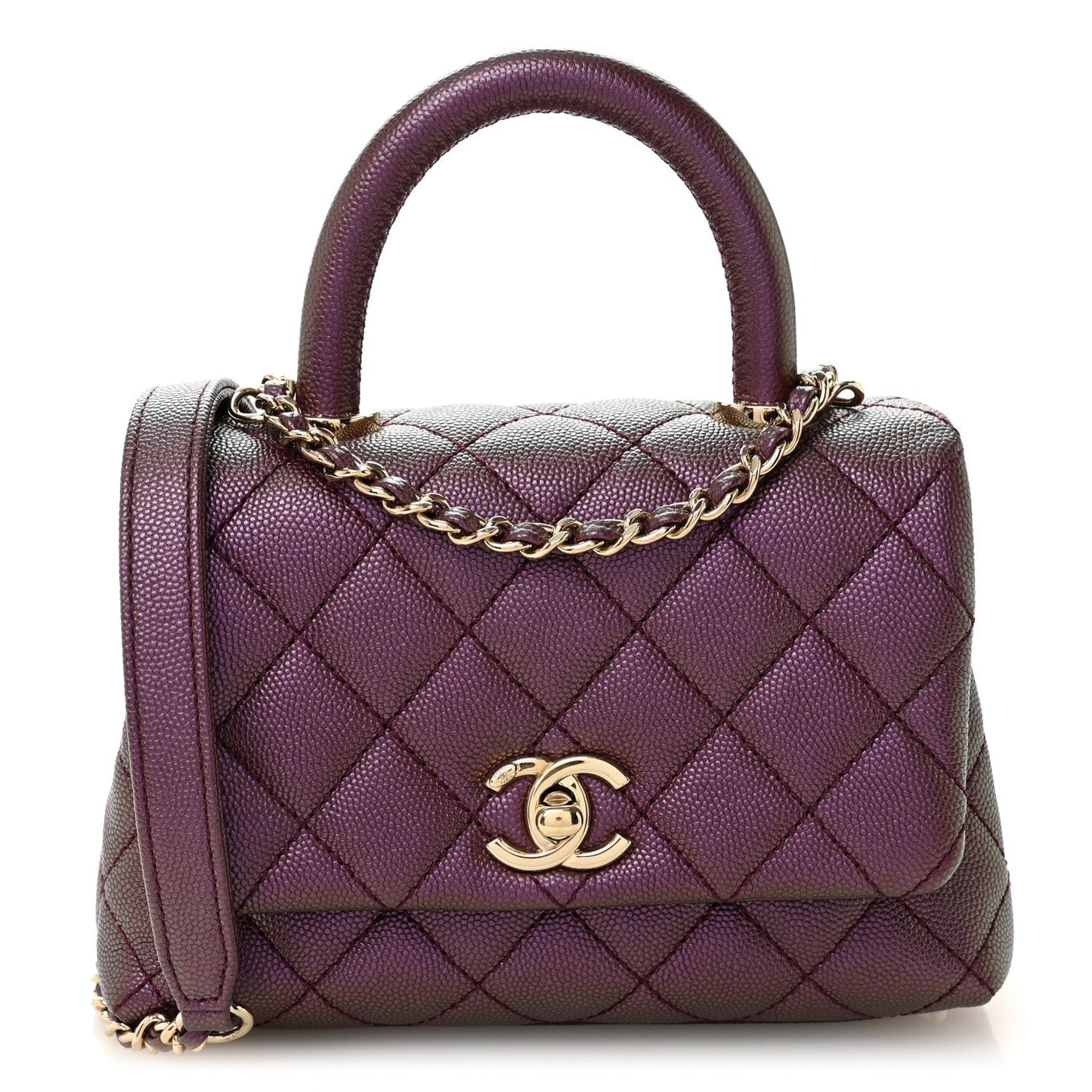 Iridescent Caviar Quilted Extra Mini Coco Handle Flap Purple