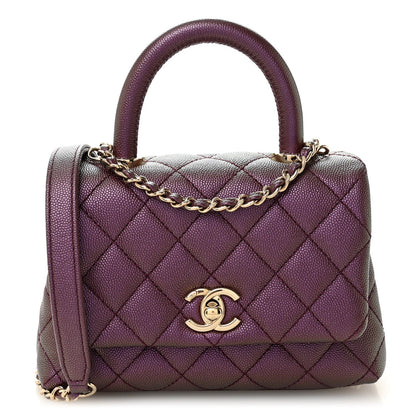 Iridescent Caviar Quilted Extra Mini Coco Handle Flap Purple