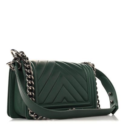 Calfskin Chevron Quilted Small Boy Flap Green