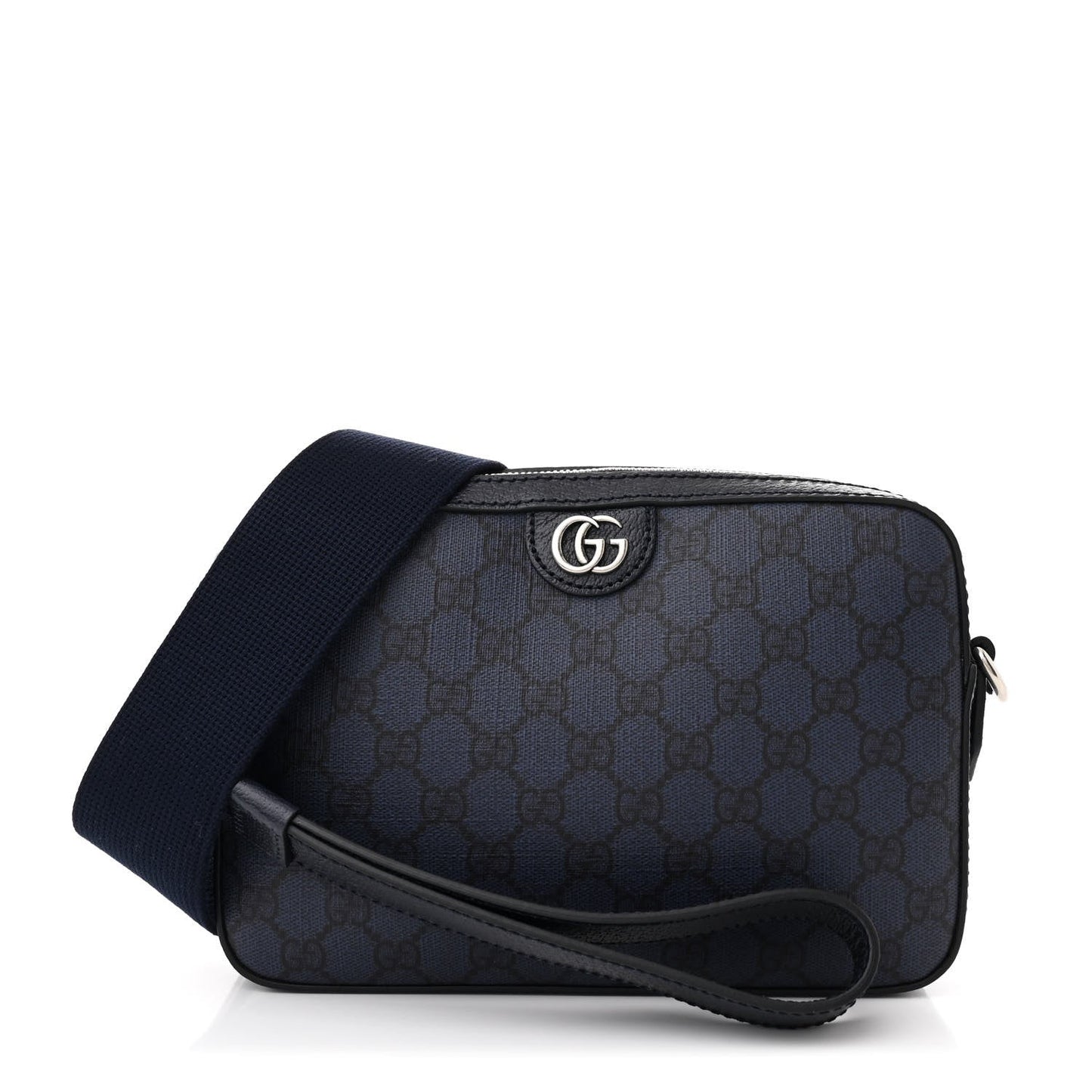 GG Supreme Monogram Textured Dollar Calfskin Web Ophidia Wristlet Shoulder Bag Black Blue