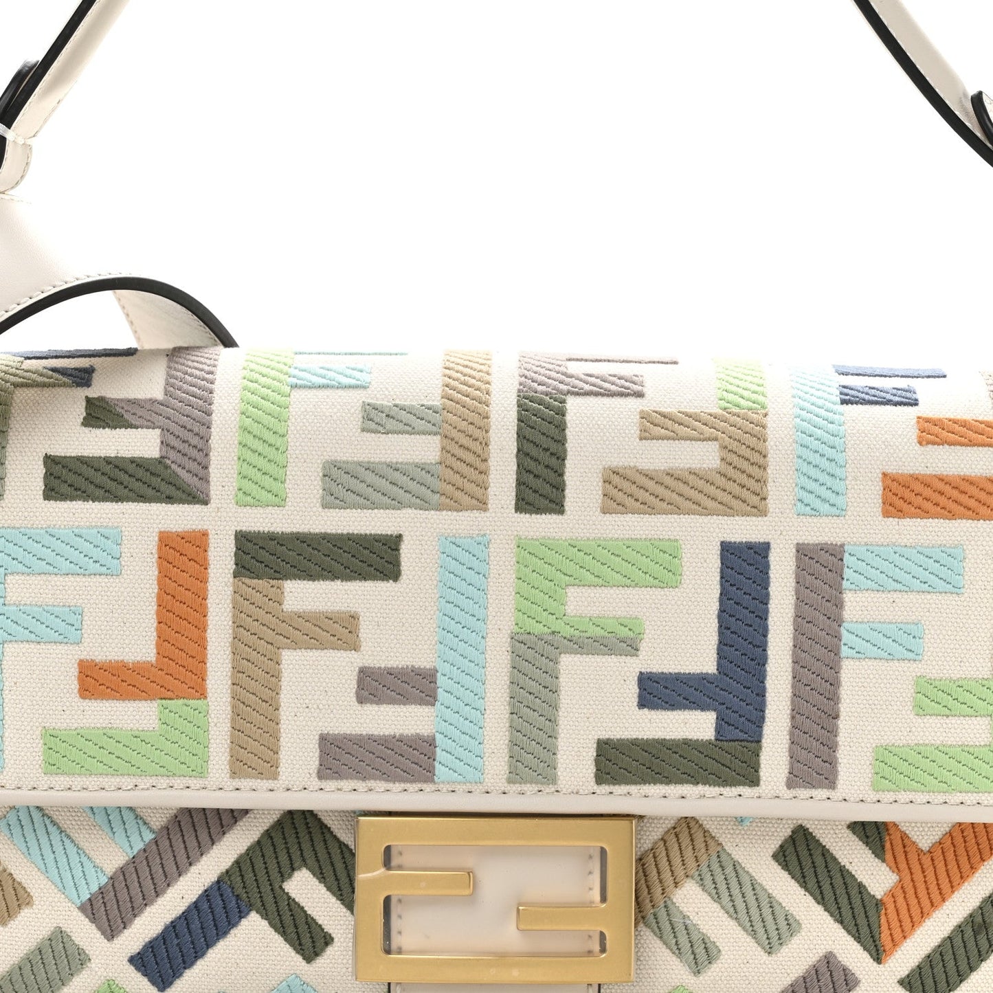 Canvas Vitello Seta FF Multicolor Embroidered Baguette Grezzo Multicolor Latte