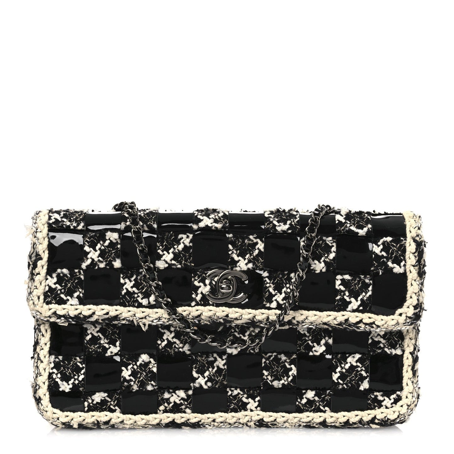 Tweed Patent Quilted Rectangular Flap Black White