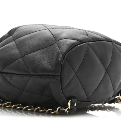 Shiny Lambskin Quilted Drawstring Backpack Black