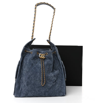 Suede Quilted Medium Chanel 25 Handbag Blue