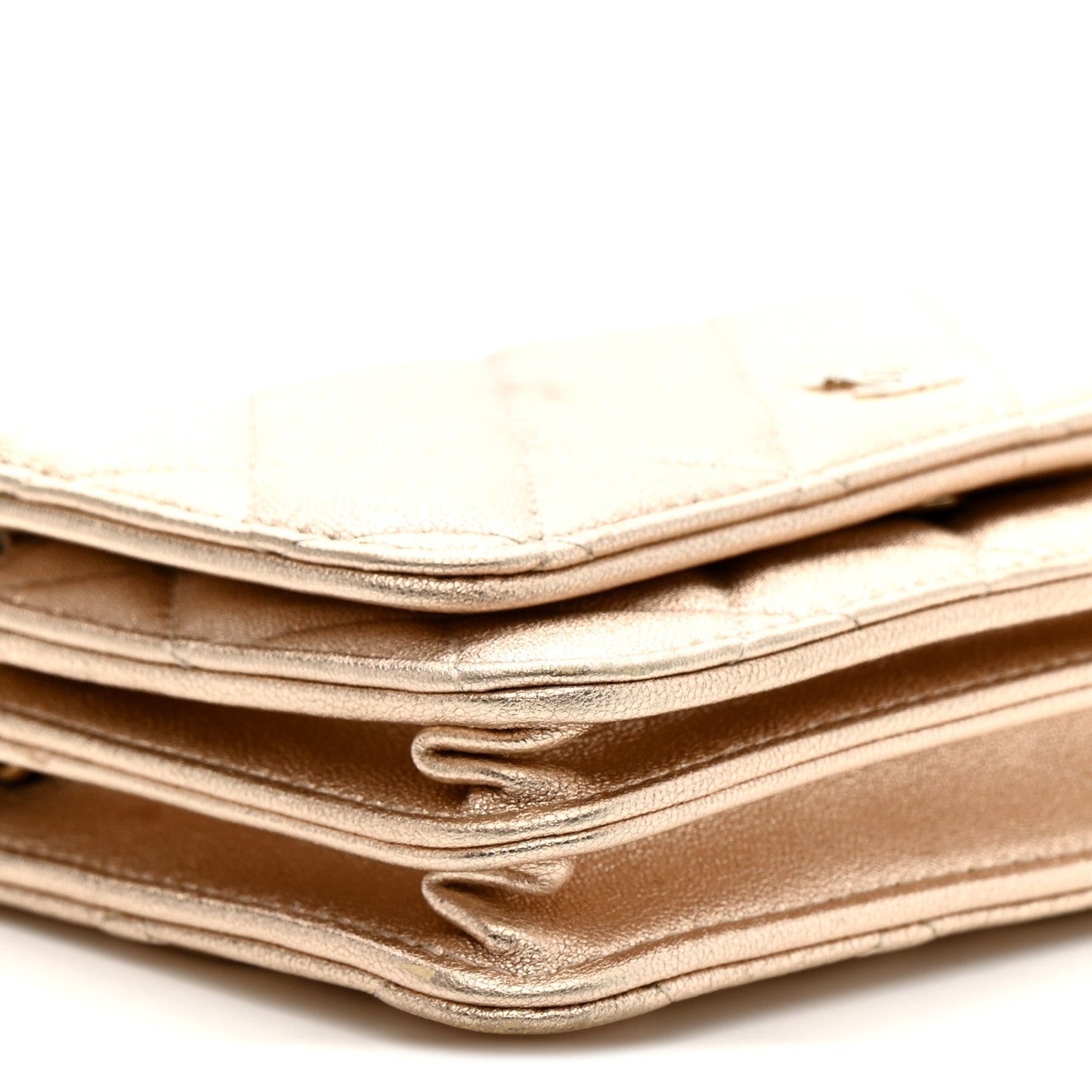 Metallic Lambskin Quilted Mini Wallet On Chain WOC Gold