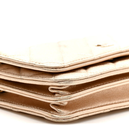 Metallic Lambskin Quilted Mini Wallet On Chain WOC Gold