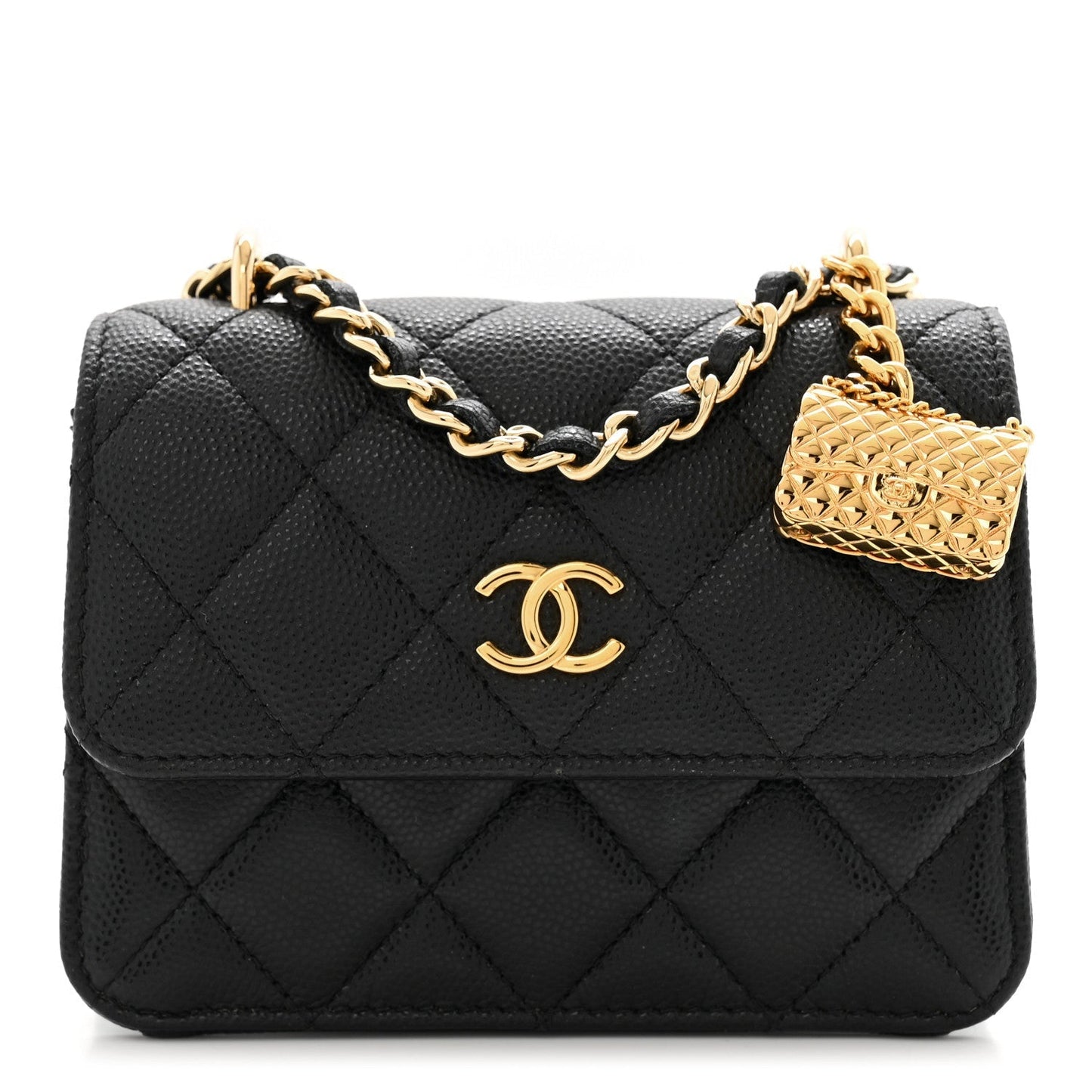Shiny Caviar Quilted Clutch With Chain Black