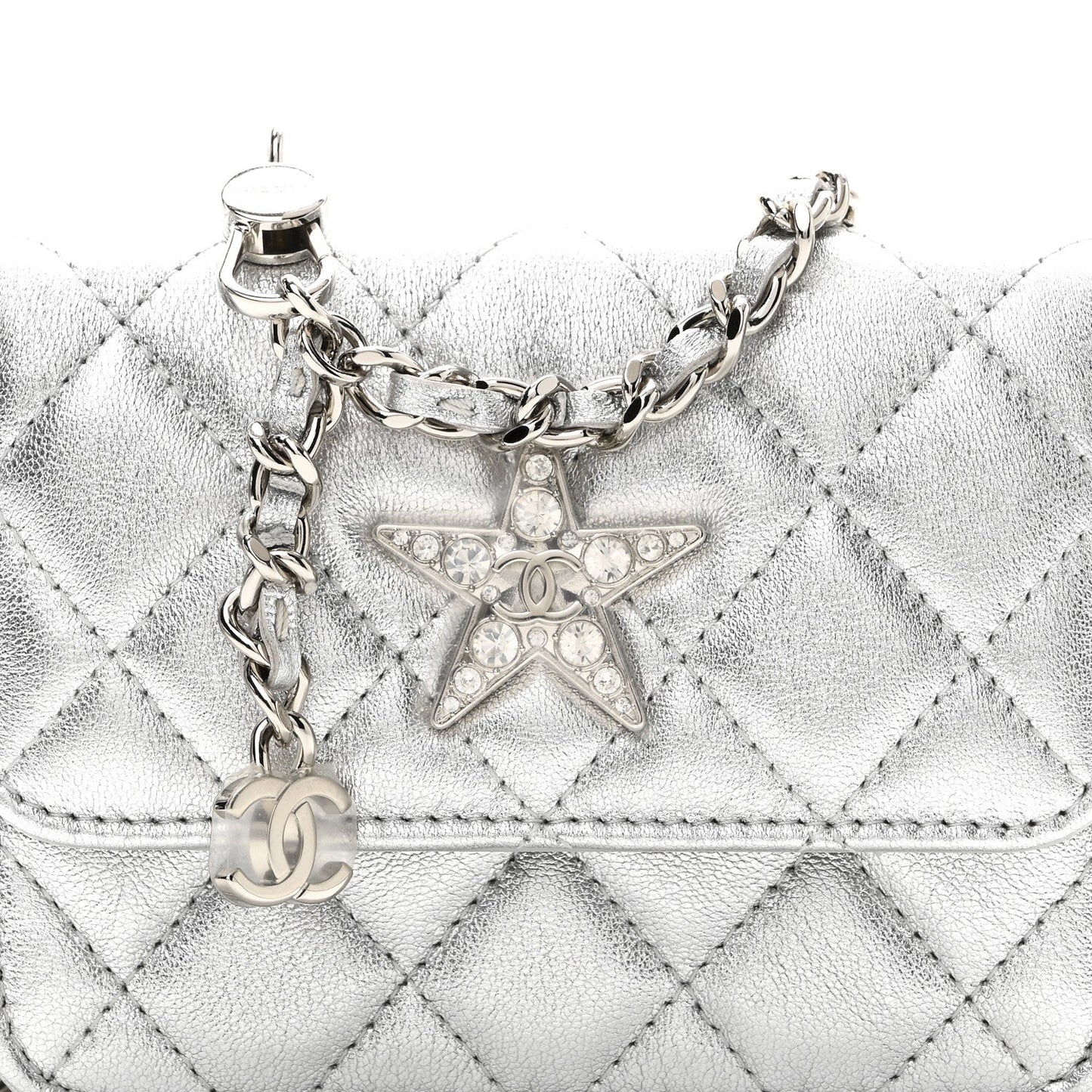 Metallic Lambskin Crystal Quilted Star Chain Belt Bag Silver